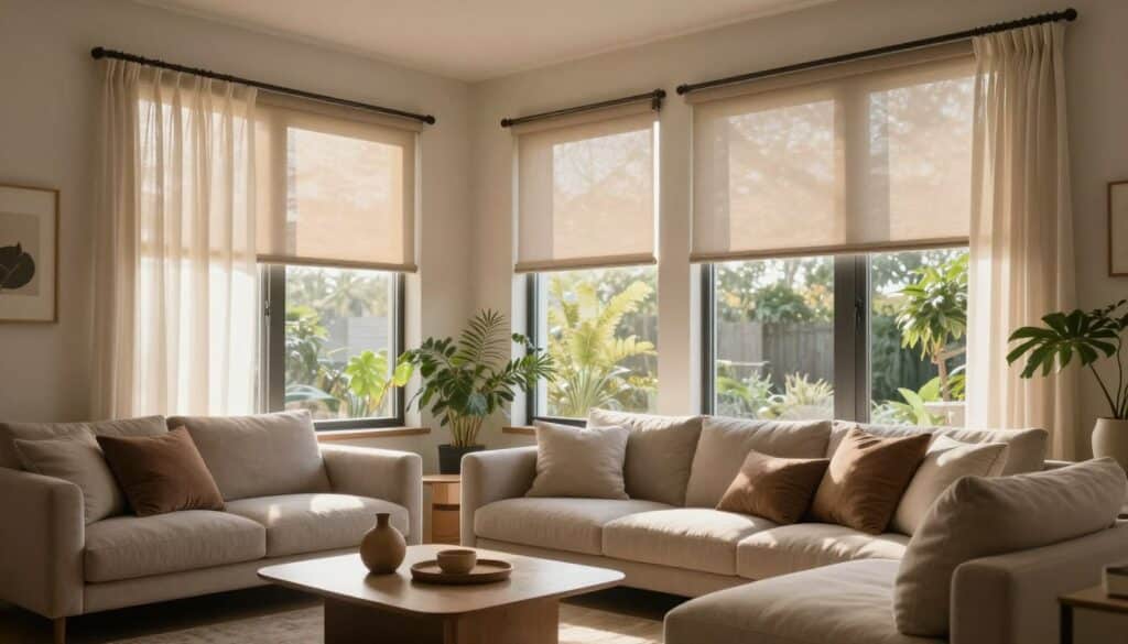 A cozy living room featuring west-facing windows, illuminated by warm afternoon sunlight streaming through sheer curtains. In the foreground, a stylish modern sofa adorned with soft cushions invites relaxation, while a sleek coffee table displays a few decorative items. The middle ground showcases the expansive windows with elegant Sun Stop Blinds in a soft earth tone, effortlessly controlling the light entering the space. In the background, potted plants thrive, adding a touch of greenery to the scene. The room has a serene atmosphere, with a pleasing color palette of warm neutrals and natural textures. Captured from a slight angle to highlight both the windows and the inviting interior, the lighting accentuates the peaceful ambiance, making it perfect for illustrating the unique challenges of managing heat in west-facing windows.