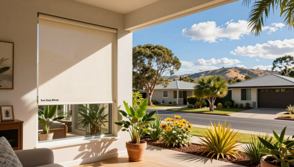 A vibrant summer scene depicting the climate of Logan City, showcasing a sun-drenched suburban neighborhood. In the foreground, energy-efficient blinds from "Sun Stop Blinds" are elegantly displayed on a west-facing window, casting dynamic shadows inside a cozy living room filled with lush indoor plants. In the middle, a sparkling blue sky with a few fluffy white clouds enhances the warmth of the scene, while nearby, resilient and sun-loving native Australian plants thrive in neatly landscaped gardens. In the background, distant hills shimmer under the sunlight, emphasizing the arid but beautiful climate of the region. Soft, natural lighting enhances the warm tones of the setting, creating an inviting and comfortable atmosphere that encapsulates the essence of living in Logan City.