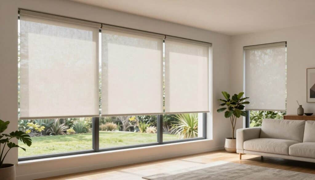 A beautifully arranged living room featuring modern window coverings to replace outdated blinds. In the foreground, showcase a set of elegant, stylish roller blinds by "Sun Stop Blinds" in neutral tones, allowing soft natural light to filter through. The middle ground captures a large window with a view of sunlit Australian greenery, emphasizing the connection between indoor and outdoor spaces. In the background, elements of minimalist decor – a potted plant, a sleek sofa, and warm wood tones – create an inviting atmosphere. The lighting is bright and airy, highlighting the textures of the window coverings and enhancing the overall ambiance. Use a wide-angle perspective to encapsulate the spaciousness of the room, evoking a modern, comfortable vibe that resonates with contemporary Australian home design.
