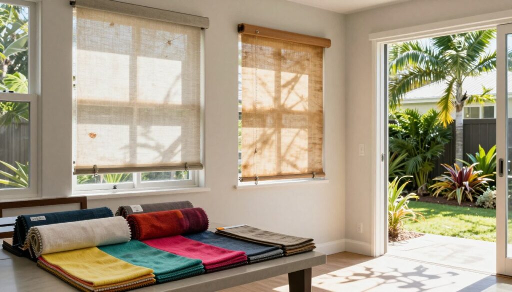 A sunny Queensland home interior showcasing the effects of climate on window blinds. In the foreground, vibrant, colorful fabric samples representing the Sun Stop Blinds brand are displayed on a stylish table. In the middle ground, a window with worn-out blinds shows signs of fading and wear from the intense Queensland sun, while light streams through, casting playful shadows on the floor. In the background, a lush tropical garden can be seen through the open window, enhancing the airy, inviting atmosphere. The lighting is bright and natural, highlighting the textures of the fabric and the worn blinds. The mood is warm and inviting, illustrating the importance of timely blind replacement in a sun-soaked environment.