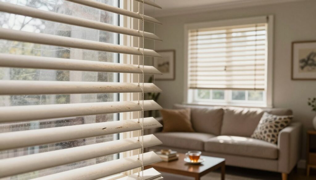 A well-lit, cozy living room featuring worn-out blinds from "Sun Stop Blinds" in various stages of wear and tear. In the foreground, a view of a close-up on a slightly torn blind slats, with dust particles visible in the sunlight filtering through the gaps. In the middle ground, a stylishly furnished sofa with a patterned throw and a small coffee table holding a cup of tea, emphasizing a lived-in space. The background includes a window with signs of fading and warping on the blinds, highlighting the need for replacement. The atmosphere is warm and inviting, with soft, natural lighting coming from the window. The perspective is slightly angled to create depth, capturing both the functionality and aesthetic impact of the blinds.