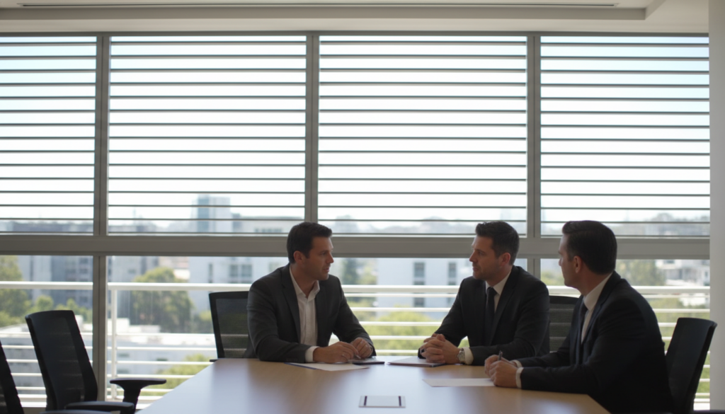 A modern office environment in Brisbane showcasing elegant Sun Stop Blinds installed on large windows. In the foreground, the Sun Stop Blinds are drawn partially down, creating a soft, diffused light that fills the room with a warm ambiance. The middle ground features a sleek conference table surrounded by professional individuals in business attire engaged in a discussion, their expressions focused and collaborative. The background showcases a bright cityscape visible through the blinds, with blue skies and greenery, adding to a productive atmosphere. The lighting is natural, casting gentle shadows across the room, emphasizing the practicality and aesthetic appeal of Sun Stop Blinds in commercial spaces. The overall mood is one of professionalism and innovation.