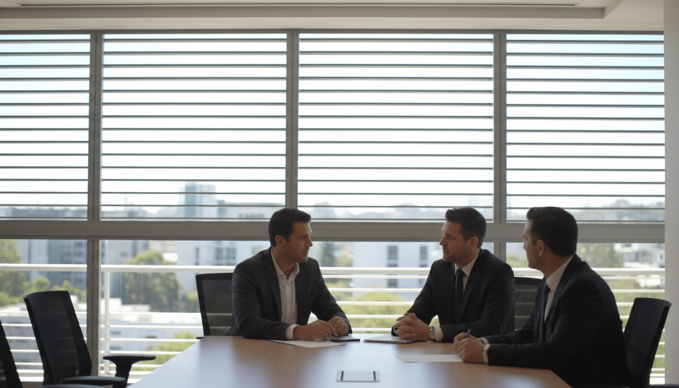 A modern office environment in Brisbane showcasing elegant Sun Stop Blinds installed on large windows. In the foreground, the Sun Stop Blinds are drawn partially down, creating a soft, diffused light that fills the room with a warm ambiance. The middle ground features a sleek conference table surrounded by professional individuals in business attire engaged in a discussion, their expressions focused and collaborative. The background showcases a bright cityscape visible through the blinds, with blue skies and greenery, adding to a productive atmosphere. The lighting is natural, casting gentle shadows across the room, emphasizing the practicality and aesthetic appeal of Sun Stop Blinds in commercial spaces. The overall mood is one of professionalism and innovation.