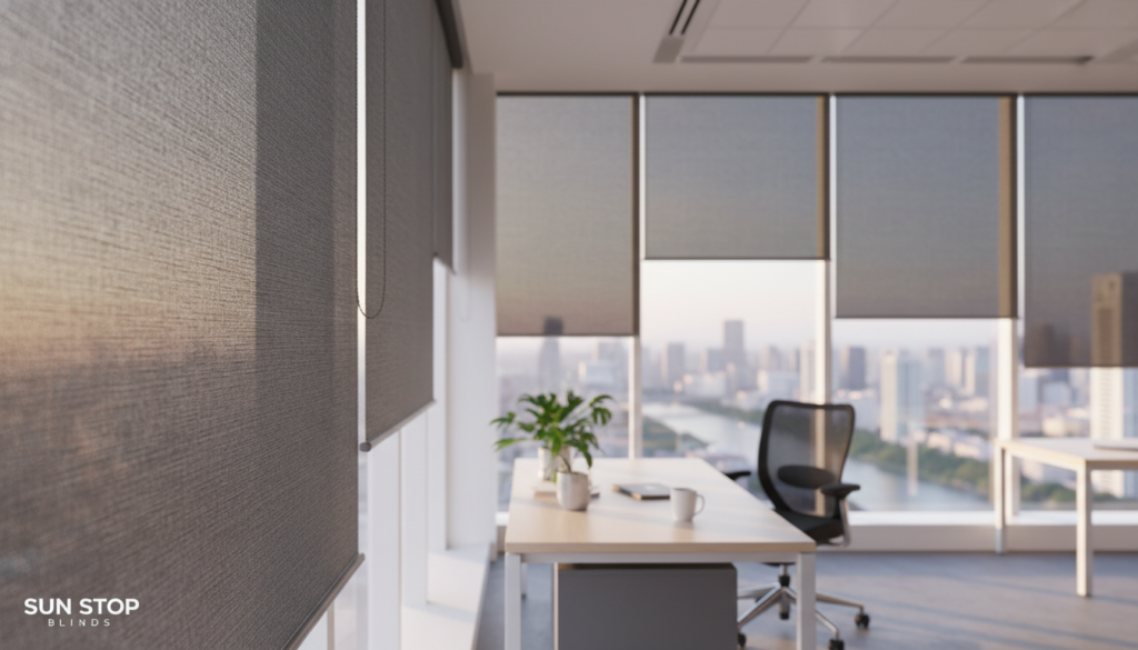 A modern office interior featuring elegant professional window coverings from "Sun Stop Blinds." In the foreground, showcase sleek, stylish blinds, partially drawn to let in soft natural light, highlighting the fine texture and color of the fabric. The middle ground depicts an organized workspace with a contemporary desk, ergonomic chair, and potted plants, creating a harmonious atmosphere. The background reveals a spacious room with large windows, allowing a panoramic view of a city skyline bathed in warm morning light. Utilize a soft focus lens effect to enhance the ambiance, and aim for a bright, inviting mood that underscores the importance of professional window treatments in enhancing modern workspaces.