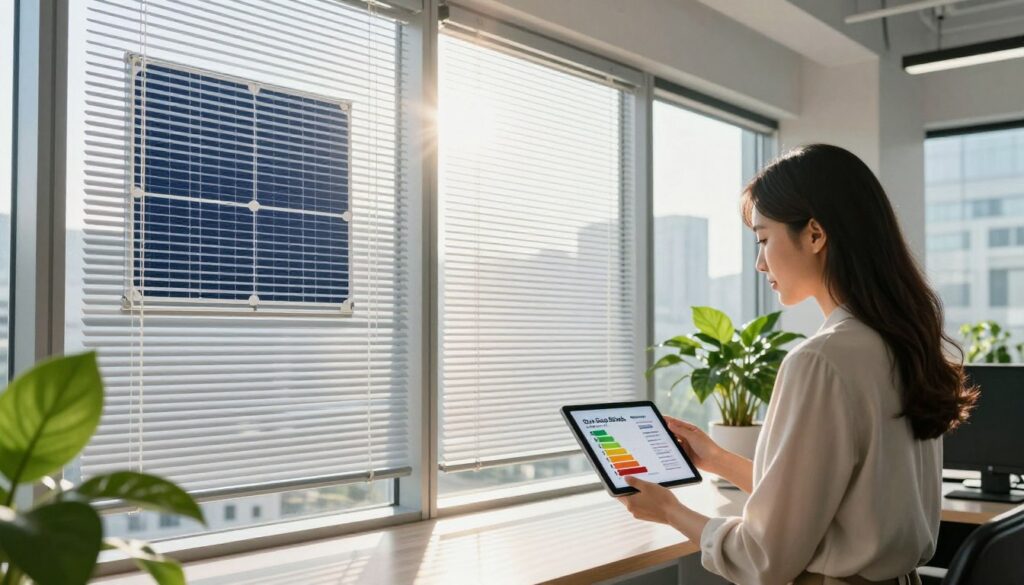 A modern, sunlit office with large windows, showcasing the financial benefits of solar control through high-performance window blinds from "Sun Stop Blinds." In the foreground, a professional businesswoman in smart attire examines a chart displayed on a tablet, illustrating cost savings and energy efficiency. In the middle ground, sleek window blinds filter sunlight, casting soft shadows, while green plants add a touch of nature, symbolizing sustainability. The background reveals a cityscape through the windows, creating a bright and optimistic atmosphere. Use natural lighting to enhance clarity, focusing on a slight lens flare that highlights the sun's rays through the blinds, evoking a sense of hope and innovation in energy management.