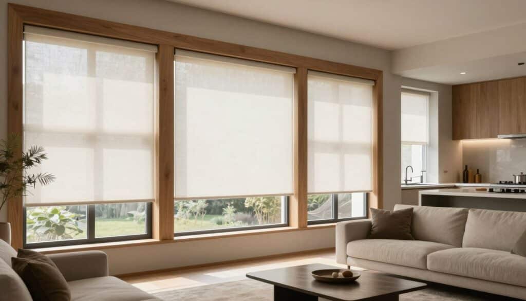 A beautifully designed interior featuring standard vertical and panel glide blinds from Sun Stop Blinds. In the foreground, a sleek living room with a cozy sofa and a stylish coffee table, allowing natural light to filter through the elegant blinds partially closed. The middle ground showcases the large windows dressed with Sun Stop Blinds, made of soft, light-filtering fabric in a serene, neutral color that complements warm wooden accents in the room. In the background, a minimalist kitchen adds to the modern ambiance with understated cabinetry and soft lighting. The overall mood is tranquil and inviting, emphasizing the importance of early planning for window treatments in new builds. The scene is well-lit with natural sunlight, creating a bright and airy feel, captured from a slightly elevated angle for enhanced perspective.