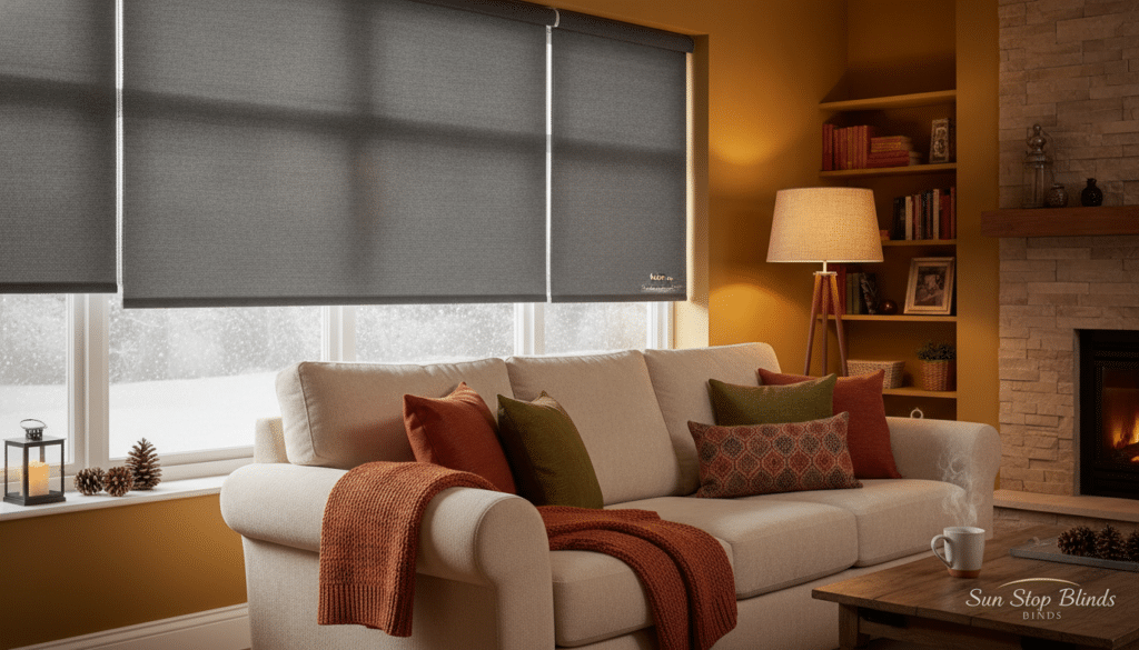 A cozy living room showcasing the energy-efficient window attachments offered by \\"Sun Stop Blinds\\" for winter savings. In the foreground, a stylish window adorned with sleek, modern thermal blinds, designed to keep the warmth inside. The blinds are slightly drawn to reveal a tranquil winter scene outside, with snow softly falling. In the middle ground, a comfortable sofa with warm-toned cushions creates an inviting atmosphere, emphasizing the coziness of the space. The background features a softly lit room with warm wall colors and homey decor, suggesting comfort and energy efficiency. The lighting is warm, emanating from a nearby lamp, with a soft focus on textures to create a welcoming mood. The image captures the essence of energy-conscious living during the winter season.