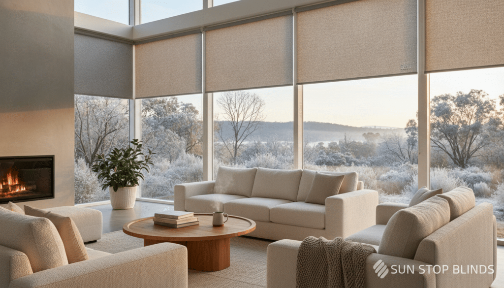 A modern Australian living room featuring custom window coverings designed to minimize winter heat loss, specifically showcasing \\"Sun Stop Blinds.\\" In the foreground, plush, inviting furniture and a coffee table create a cozy atmosphere. The middle ground highlights large, double-glazed windows adorned with stylish, insulated roller blinds in warm, neutral tones, effectively blocking cold drafts. In the background, an elegant view of an Australian winter landscape, with a soft glow of natural light streaming through the blinds, creates a serene environment. The scene should evoke a sense of warmth and comfort, emphasizing energy efficiency and home coziness amidst winter. Use soft, diffused lighting and a wide-angle lens to capture the entire room at a slight upward angle, highlighting the effectiveness of the window coverings against winter chill.