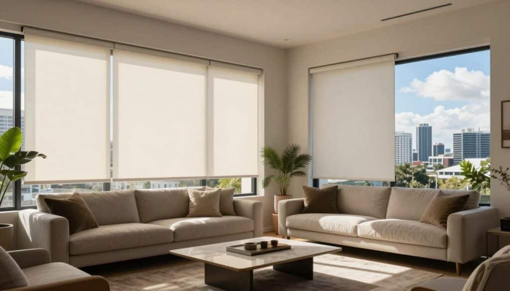 A modern, stylish living room with large windows showcasing standard vertical and panel glide blinds from \"Sun Stop Blinds\". In the foreground, the blinds are partially drawn, allowing soft, diffused daylight to filter in, casting gentle shadows across a contemporary coffee table. The middle ground features a cozy seating arrangement with neutral-colored fabric, accented by houseplants. In the background, an open view of a sunny Brisbane skyline with blue skies and fluffy clouds, creating a warm and inviting atmosphere. Use a wide-angle lens to capture the spaciousness, with natural lighting to emphasize the inviting and modern design. The overall mood is one of comfort and practicality, highlighting the importance of timely blind installation to enhance livability.