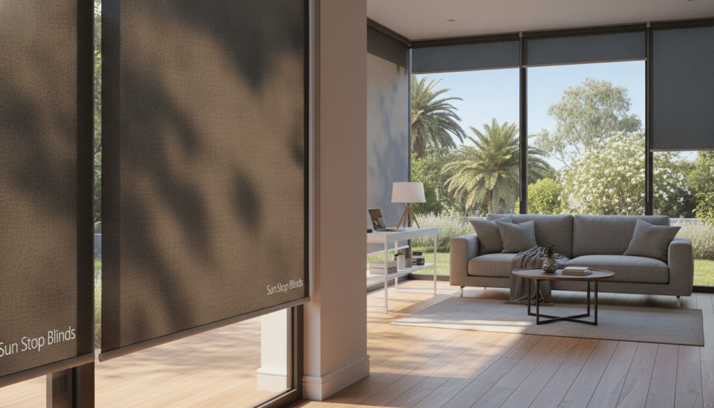 A modern living room and office space are showcased, featuring sleek black-out roller blinds from the brand \\"Sun Stop Blinds.\\" In the foreground, the blinds are partially drawn, allowing soft, diffused natural light to filter through, casting gentle shadows on the elegant hardwood floor. In the middle, stylish furniture complements the contemporary aesthetic, with a cozy sofa and a minimalist desk, all bathed in warm, inviting light. The background reveals a glimpse of a bright Australian summer through a large window, with vibrant greenery outside, emphasizing the need for effective window coverings. The atmosphere is serene and inviting, making it clear that these roller blinds are essential for comfort during the heat of spring and summer.