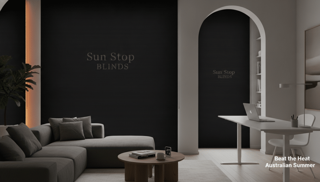 Blackout blinds in a stylish, modern living room and a sophisticated office setting, showcasing the brand \\"Sun Stop Blinds.\\" In the foreground, the elegant blinds are pulled down, providing complete darkness and privacy, with their texture detailed in a smooth matte finish. In the middle, a contemporary sofa with plush cushions and a coffee table, along with a sleek desk setup featuring a laptop and stationery, emphasizes a cozy yet functional space. The background reveals a beautifully decorated room with minimalistic furniture and soft, ambient lighting that enhances the contrast between the dark blinds and the warm colors of the room. The atmosphere feels tranquil, perfect for beating the heat of the Australian summer, promoting the idea of comfort and relaxation within a home.