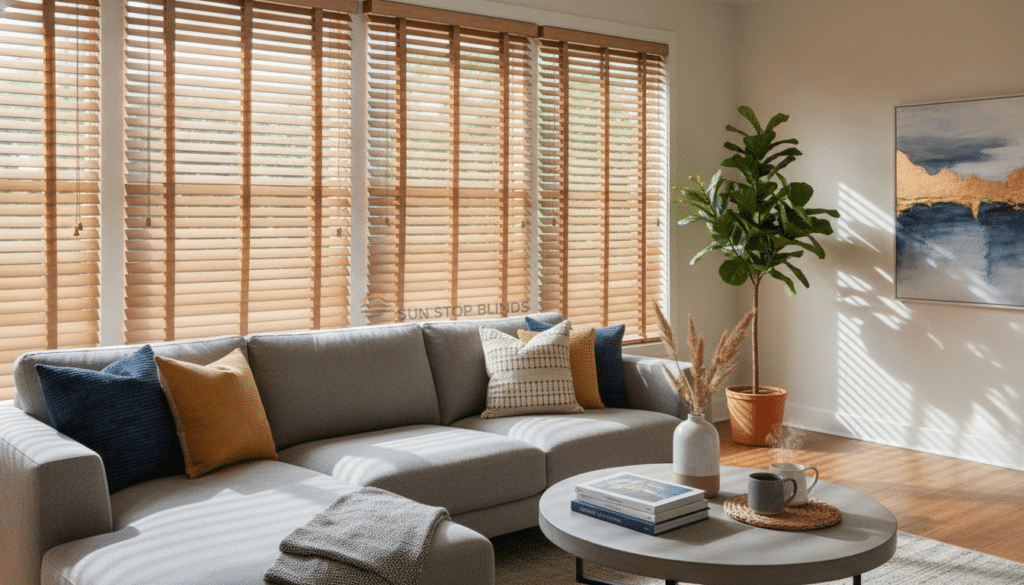 A beautifully designed living room featuring \"Sun Stop Blinds\" Venetian blinds elegantly installed on large windows, allowing soft, natural light to filter through. In the foreground, a cozy sofa adorned with colorful cushions and a stylish coffee table with decorative items create an inviting atmosphere. In the middle, the Venetian blinds are partially open, showcasing their sleek slats and modern design. In the background, subtle wall art and indoor plants add a touch of warmth to the space. The lighting is warm and inviting, casting gentle shadows across the room, and the angle captures both the blinds and the overall ambiance from a slightly elevated perspective. This scene exudes comfort and style, emphasizing the appeal of Venetian blinds for Logan homeowners.