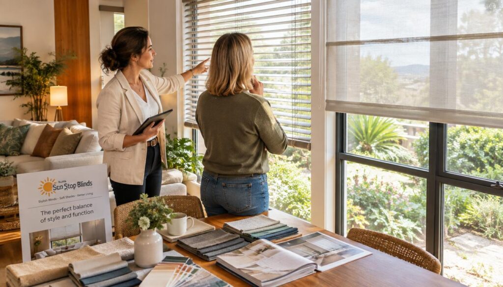 A cozy Australian living room featuring an elegant selection of window treatments, showcasing both stylish blinds and soft shades from "Sun Stop Blinds". In the foreground, a professional interior designer, dressed in smart casual attire, is discussing options with a homeowner, pointing towards the window adorned with half-open blinds and shades. The middle ground includes a beautifully arranged table displaying fabric samples and color swatches, while in the background, lush Australian greenery can be seen through the windows, accentuating natural light flooding the space. Warm, inviting lighting enhances the atmosphere, creating a welcoming ambiance. The image should capture a moment of thoughtful decision-making, emphasizing the balance between aesthetics and functionality in selecting window coverings.