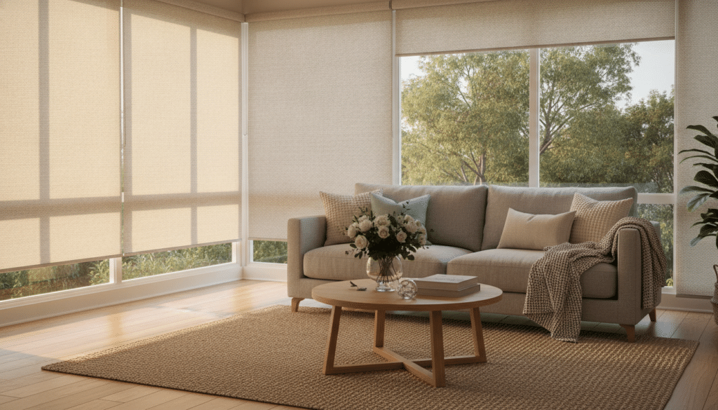A cozy living room in a typical Logan home featuring elegant \"Sun Stop Blinds\" installed on large windows. In the foreground, the blinds are partially opened, allowing soft, warm sunlight to filter through, creating a tranquil, inviting atmosphere. The middle section includes a stylish sofa adorned with decorative cushions, a coffee table with a vase of fresh flowers, and a backdrop of lush greenery visible outside the windows. The room is decorated with neutral tones and natural materials, enhancing its warmth and comfort. The lighting is soft and inviting, reminiscent of late afternoon sun, captured from a slightly elevated angle to emphasize the functionality and beauty of the blinds. This image should convey a sense of homey comfort, blending modern design with natural light to highlight the appeal of residential blinds for Logan homeowners.