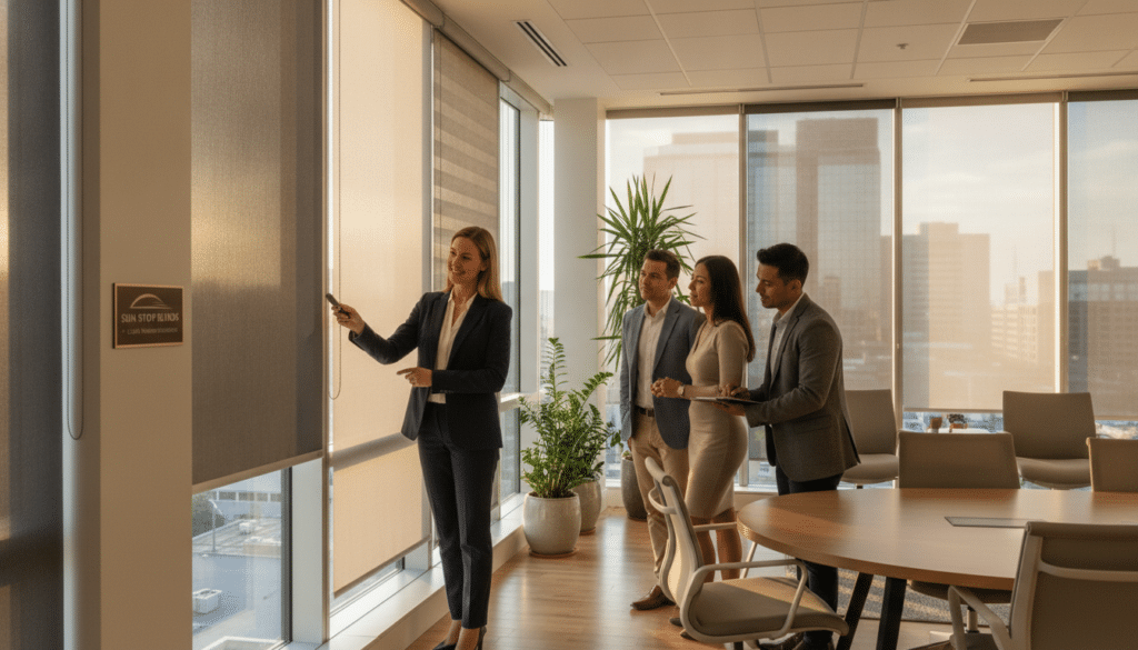 A professional interior space showcasing local expertise in window solutions for businesses. In the foreground, a knowledgeable consultant from Sun Stop Blinds, dressed in smart business attire, is demonstrating premium commercial blinds to a diverse group of engaged clients. In the middle, elegant, modern window treatments are installed, allowing soft, natural light to illuminate the room, enhancing the ambiance. The background features a stylish office environment with tasteful decor, plants, and large windows that reveal a glimpse of the Logan skyline. Use warm, inviting lighting to create a welcoming atmosphere. Capture this scene from a slightly elevated angle, focusing on both the consultant and the window solutions, conveying trust and professionalism in a collaborative workspace.