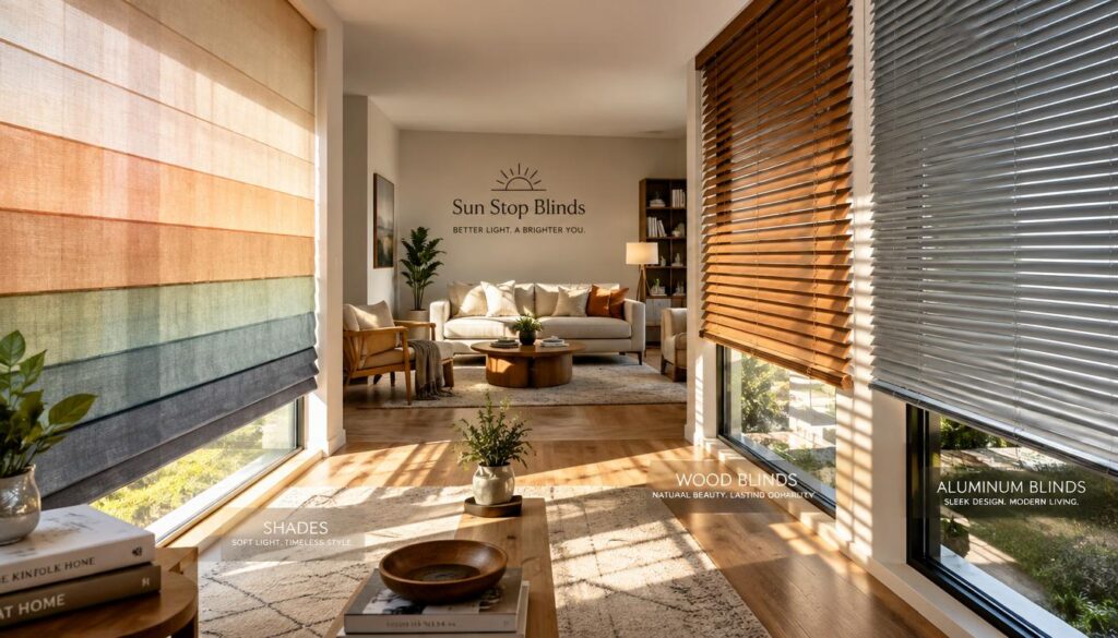 A visually striking comparison of window coverings, showcasing the differences between shades and blinds. In the foreground, a bright room features half of the window adorned with elegant fabric shades, showcasing a gradient of soft colors, gently diffusing sunlight. On the other half, sleek, modern blinds made of wood and aluminum are elegantly pulled down, casting interesting shadow patterns on the wall. In the middle background, a stylish, minimalistic living space complements the window treatments. The warm afternoon light streams in, creating a cozy atmosphere. Use a wide-angle lens to capture the full spectrum of textures and colors, evoking a sense of functionality and aesthetic appeal. Include the branding "Sun Stop Blinds" subtly showcased in the decor, reinforcing quality.