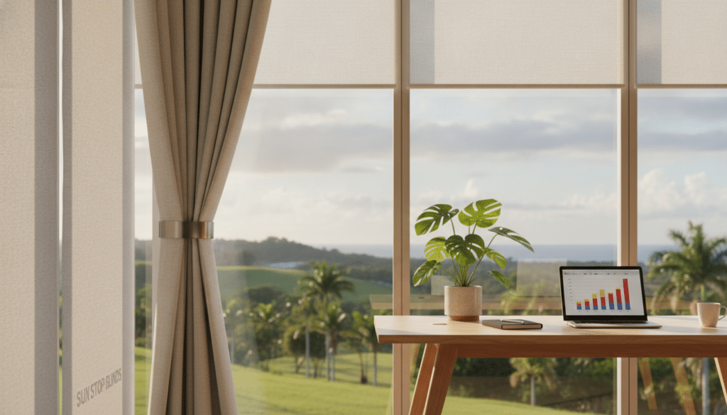 Premium commercial window coverings by Sun Stop Blinds showcased in a modern Queensland office setting. In the foreground, sleek, stylish blinds gently drawn to one side, allowing soft, natural light to illuminate the workspace. In the middle, a contemporary desk with minimalistic decor, featuring a laptop and a potted plant, conveying productivity and comfort. In the background, large windows with a stunning view of Queensland’s lush landscape, enhancing the atmosphere. The lighting is warm and inviting, creating a professional yet relaxed mood. The angle is slightly elevated, providing a comprehensive view of the workspace and emphasizing the quality of the blinds. The overall scene reflects a sophisticated and functional environment, perfect for understanding the benefits of premium commercial blinds.